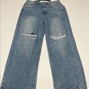 Blue Flare Wide Leg Jeans with Distressed Knees